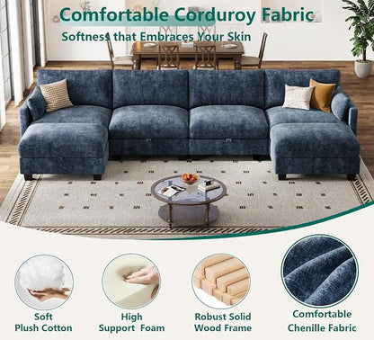 Modular Sectional U Shaped Sofa Couches for Living Room, Cloud Couch with Storage Ottoman, Comfy Chenille Sofa with Pillow, Blue