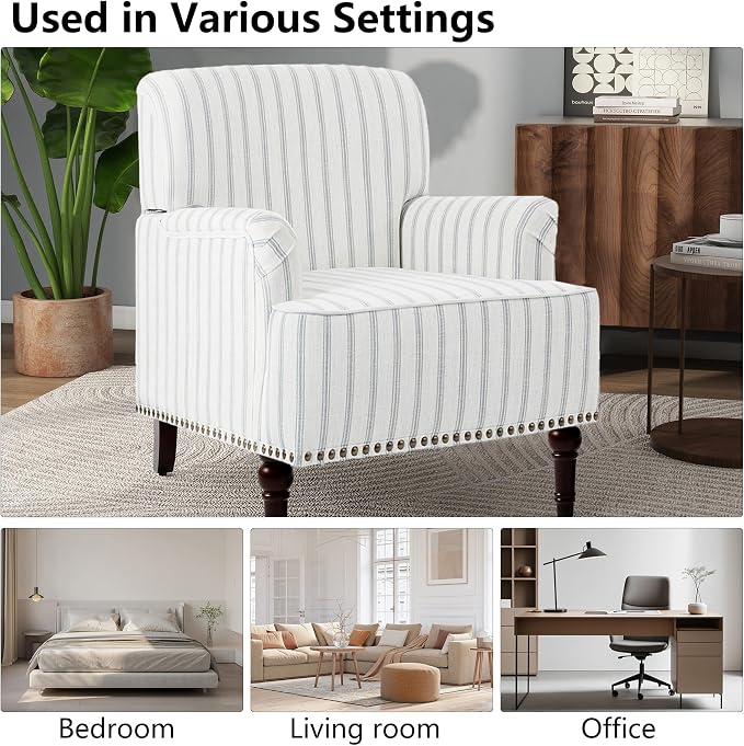 Accent Chair, Mid Century Modern Comfy Armchair for Living Room, Linen Fabric Single Sofa Lounge for Reading Bedroom Apartment Waiting Room with Wood Legs (Pinstripe Light Blue, Set of 2)