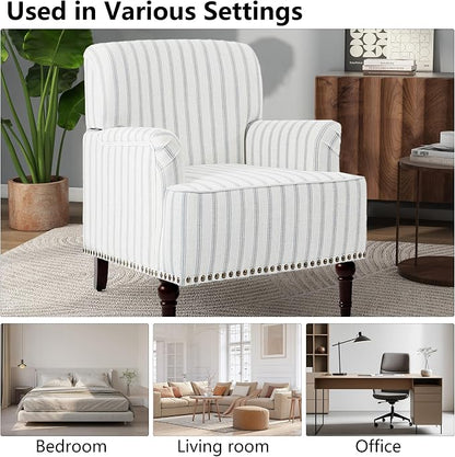 Accent Chair, Mid Century Modern Comfy Armchair for Living Room, Linen Fabric Single Sofa Lounge for Reading Bedroom Apartment Waiting Room with Wood Legs (Pinstripe Light Blue, Set of 2)