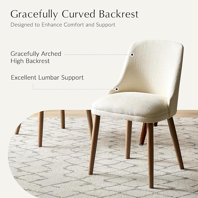 Upholstered Dining Chairs Set of 4, Fabric Dining Room Chairs with Curved Backrest, Solid Wood Legs, Modern Kitchen Chairs for Dining Room Living Room, Ivory