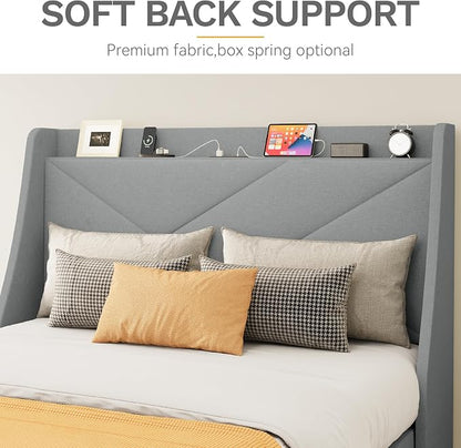 DWVO Queen Size Storage Bed Frame, Platform Bed Frame with Integrated Charging Ports, 2 Drawers on Wheels, Upholstered Headboard with Shelf, Easy Assembly, No Box Spring Needed (Gray)