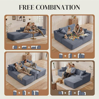 95" L Shaped Cloud Boneless Sectional Couches for Living Room, Modern Comfy Modular Deep Seat Memory Foam Compressed Corduroy Sofa Oversized Right Facing Chaise, No Assembly Required, Grey