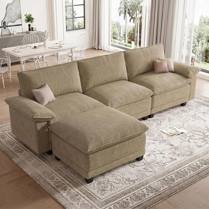 Modern L Shaped Sofa Couches for Living Room, Modular Sectional Cloud Couch with Movable Ottoman, Comfy Chenille Sofa for Apartment and Small Space, Light Yellow