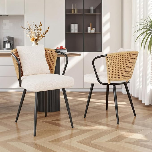 Rattan Dining Chairs Set of 2, Upholstered Kitchen Chair with Metal Legs, Ergonomic Curved Backrest, Mid Century Modern Living Room Chairs with Throw Pillow, Natural