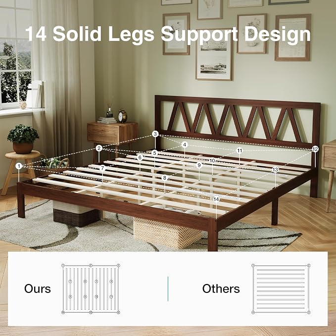 Novilla 12inch King Bed Frame Wooden King Bed Frame and Headboard, Solid Wood King Size Bed Frame with Headboard, No Box Spring Needed, Easy Assembly, Walnut