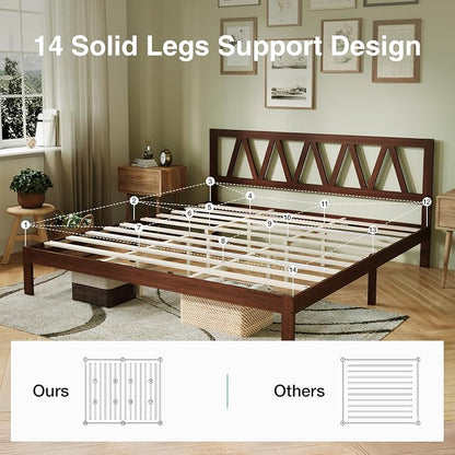 Novilla 12inch King Bed Frame Wooden King Bed Frame and Headboard, Solid Wood King Size Bed Frame with Headboard, No Box Spring Needed, Easy Assembly, Walnut