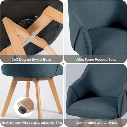 Swivel Dining Chairs Set of 4, Mid Century Modern Dining Chairs with Arms and Wood Legs, Linen Fabric Upholstered Kitchen Chairs for Dining Room Living Room, Comfortable Widen Seat, Blue