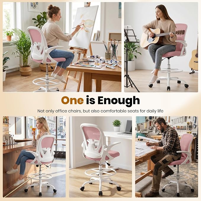 Primy Drafting Chair Tall Office Chair with Flip-up Armrests Executive Ergonomic Computer Standing Desk Chair with Lumbar Support and Adjustable Footrest Ring (Rose Quartz)