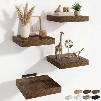 RICHFOCUS 8 Inch Floating Shelves for Wall Small Square Shelves Set for Bedroom|Kitchen|Bathroom|Wall Mounted Rustic Wood Floating Shelf with Invisible Brackets for Books|Storage|Decor, Rustic Brown