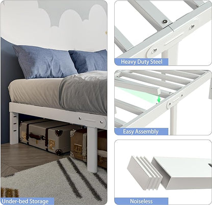 White Full Size Bed Frame 14 Inch, Metal Full Bed Frame No Box Spring Needed, Heavy Duty Steel Support 3500 LBS, DIY Headboard, Noiseless, Round Corner Legs, Storage Space, Easy Assembly