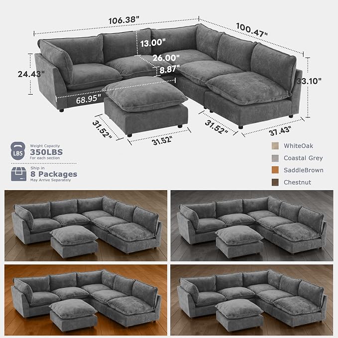 Iroomy Modular Sectional Sofa, Oversized Chenille Cloud Couch, Deep Comfy Seat, 6-Seater Sofas Couches for Living Room, Dark Grey