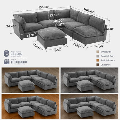 Iroomy Modular Sectional Sofa, Oversized Chenille Cloud Couch, Deep Comfy Seat, 6-Seater Sofas Couches for Living Room, Dark Grey