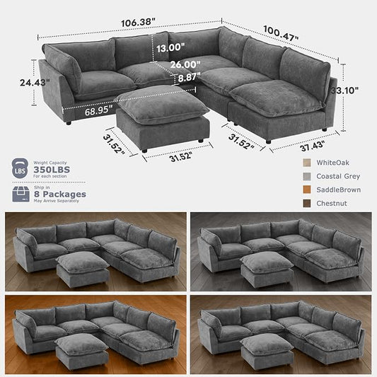 Iroomy Modular Sectional Sofa, Oversized Chenille Cloud Couch, Deep Comfy Seat, 6-Seater Sofas Couches for Living Room, Dark Grey