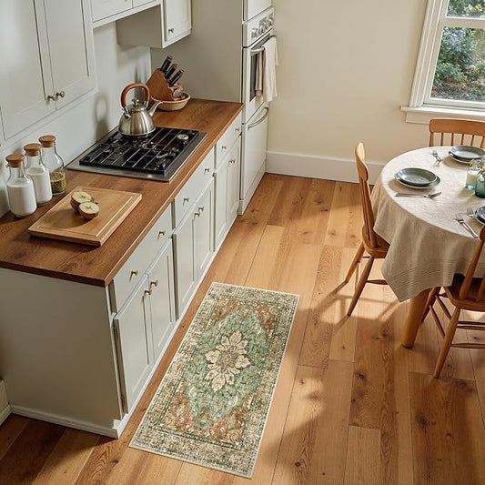 RELEANY Area Rugs Small 2'x4' Washable Non-Slip, Floral Vintage Distress Medallion Carpet for Kitchen Entryway Bathroom, Terracotta Burnt Orange Green