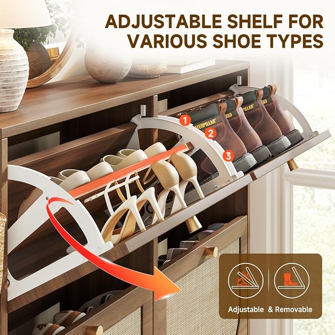 Nicetree Rattan Shoe Cabinet for Entryway, 9.5" Ultra-Thin Narrow Shoe Rack with 4 Flip Drawers, Boho Slim Shoe Storage Organizer with Adjustable Shelves, Anti-Tip Safety, Fits Size 13 Men's Boots