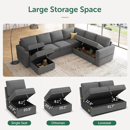 HONBAY Sectional Sleeper Sofa with Pull Out Bed, U Shaped Couch with Storage, Modular Sectional Couches for Living Room, Dark Grey