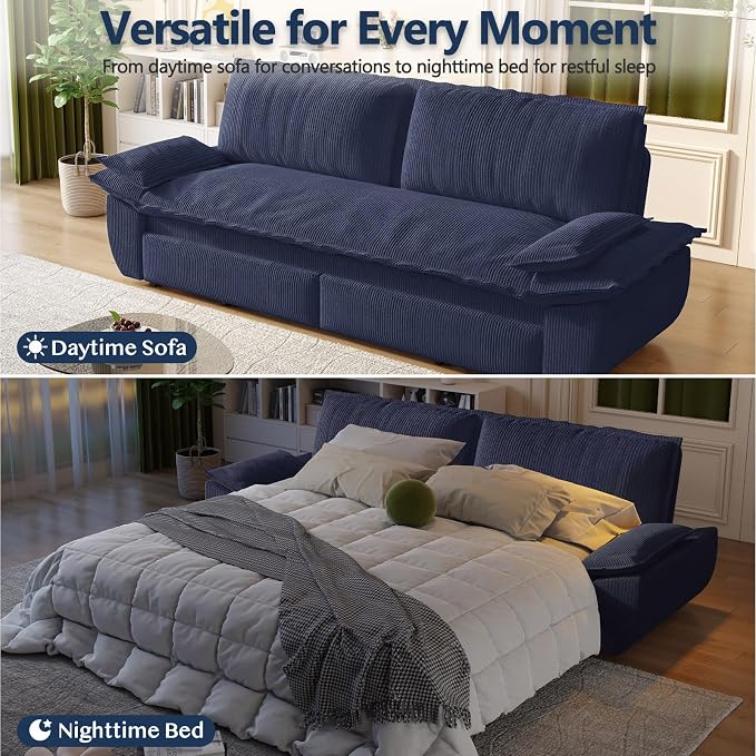 73.2" Sofa Bed Queen Size, Pull Out Couch Bed, 3-in-1 Convertible Sleeper Sofa with Cushion Armrest, Modern Corduroy Futon Couch for Living Room, Small Space, Apartment, Bedroom, Dark Blue