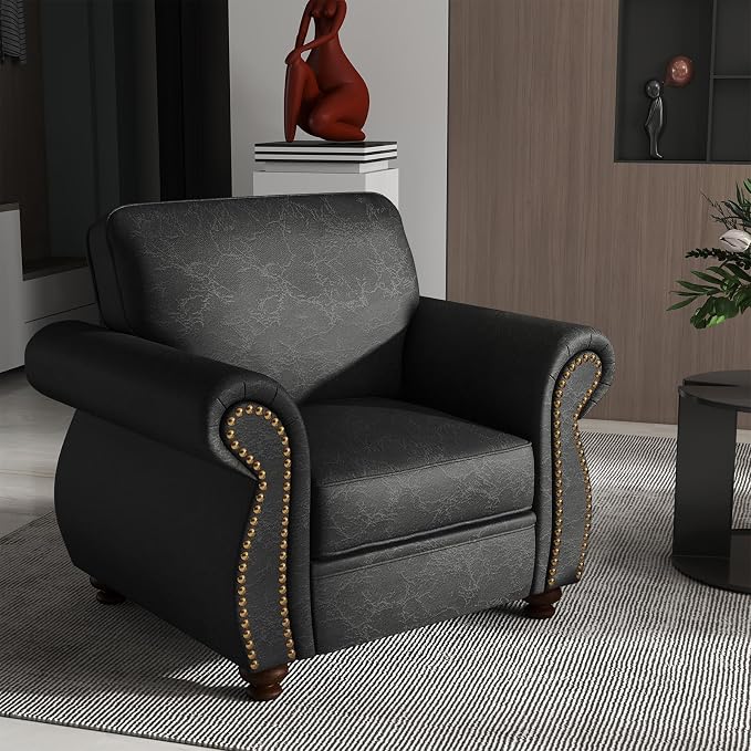 Couchus Vintage Accent Chair with Rivet Decoration, Traditional Upholstered Armchair, Living Room Chair, Rustic Single Sofa Chair for Bedroom, Reading Room & Office (Grey, Single)