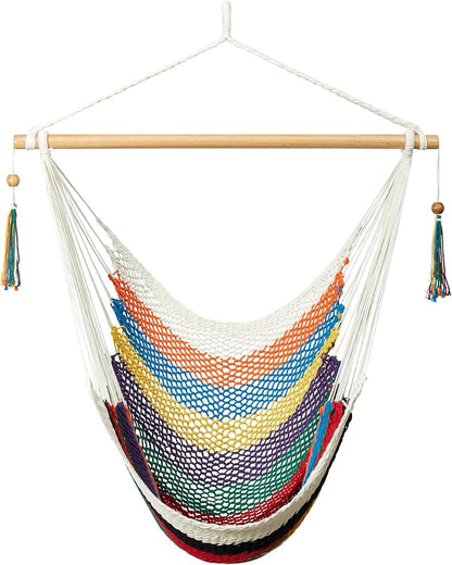 JoyView Hammock Chair with Spreader Bar Caribbean Hammock Swing Chair 300 LBS Weight Capacity XL Rope Hanging Chair for Outdoor Indoor Garden Yard - Multi Color