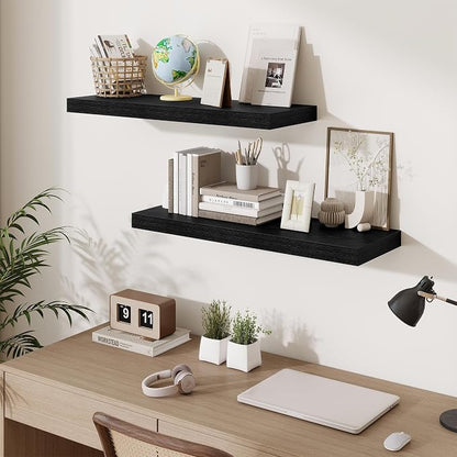 Fun Memories Floating Shelves for Wall, 32 Inch Long Floating Shelves Set of 3, 32 x 10 Wooden Shelves for Wall, Large Storage Shelves, Hanging Shelves for Bathroom Kitchen Bedroom, Black