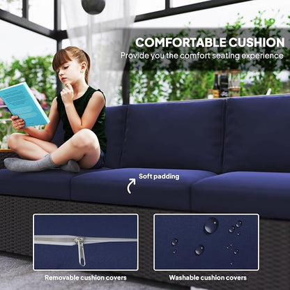 Outsunny 3-Seat Outdoor Patio Sofa with 24.5" Extra Wide Deep Seats, PE Wicker Sofa with Wide Wood Effect Armrests and 4" Cushions, Rattan Outdoor Couch for Porch, Garden, Poolside, Navy Blue