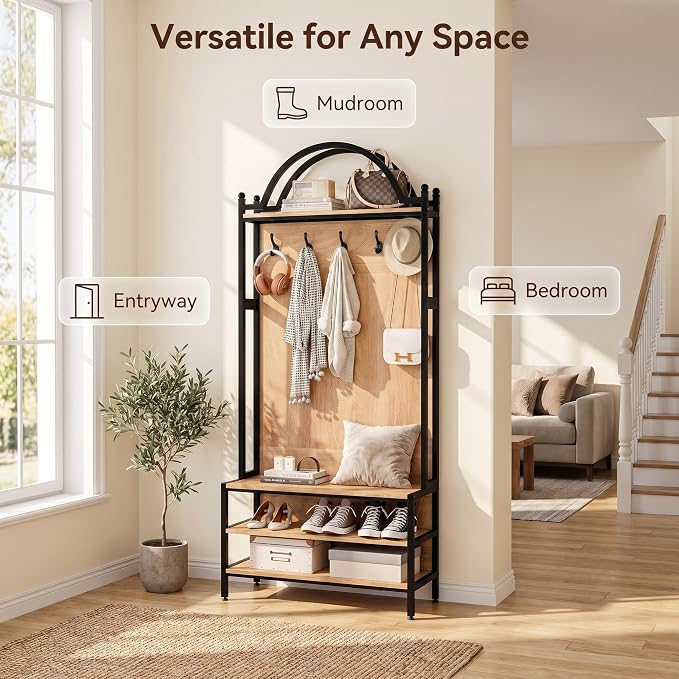 72" Farmhouse Hall Tree with Bench and Shoe Storage, Entryway Coat Rack with 5 Hooks, Arched Hall Tree with Shoe Rack Organizer, Rustic Wood & Metal Frame for Entryway, Mudroom, Foyer