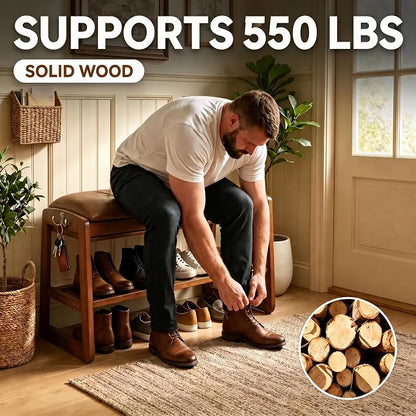 Shoe Storage Bench 2 Tier Shoe Rack for Entryway Shoe Rack Bench with Storage with Flip-Top for Hallway Entryway Living Room Wood Shoe Bench with Embossed Pattern and Hook, Walnut (31.5")