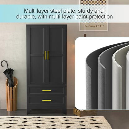 erosoei Metal Armoire Wardrobe Closet, 71 "Metal Clothing Storage Cabinet | with Adjustable Shelves and Hanging Rod, Household Steel Wardrobe Storage Cabinet with Drawers (Armoire-Black)