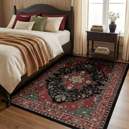 RELEANY Area Rugs 4'x6' Washable Non-Slip, Floral Vintage Distress Medallion Carpet for Living Room Bedroom Dining Room, Red Black