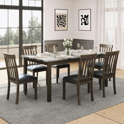 AMERLIFE 7-Piece Dining Table Set, 71" Faux Marble Modern Table with 6 PU Leather Upholstered Chairs, Heavy-Duty Solid Wood Set for Kitchen & Dining Room, Dark Brown