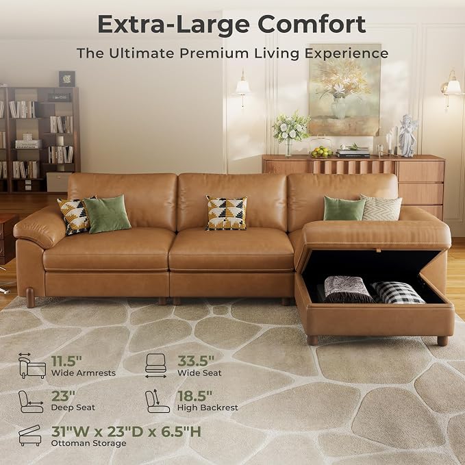 SITJOY Large Cloud Couch, 118" Wide 3 Seater L Shape, Faux Leather in Brown | Pet-Friendly Scratch-Resistant Leather Sectional Sofas for Living Room, Deep Seat Wide Couch with Chaise, Storage Ottoman