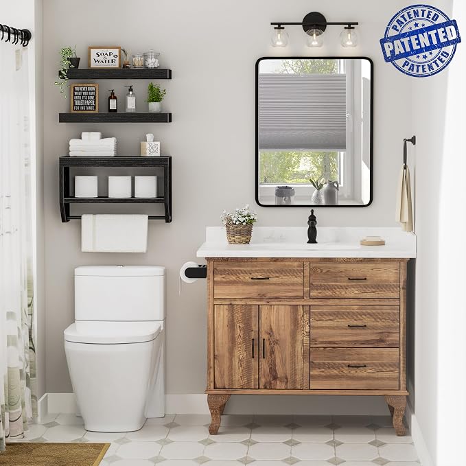 QEEIG Bathroom Floating Shelves for Wall - Shelf Over Toilet Paper Storage Farmhouse 16 inch Set of 3, Black (028-40B3)