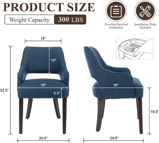 Linen Upholstered Dining Chairs Set of 6 with Arms | Blue linen fabric, breathable upholstery, curved backrest, cushioned seat, solid wood legs, farmhouse style for dining room