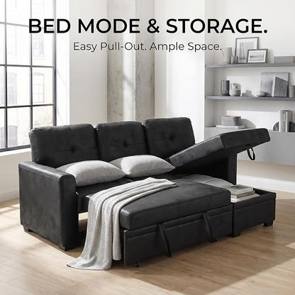 TYBOATLE Convertible Sofa Bed Couch with Reversible Storage Chaise, 71" L Shaped Pull Out Couch Bed, Comfy Linen Fabric Sleeper Sofa for Living Room, Apartment & Guest Room (Black)