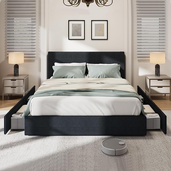 Garvee Corduroy Full Bed Frame with Headboard, Platform Upholstered Bed Frame with 4 Storage Drawers and Wooden Slats Support, No Box Spring Needed, Black