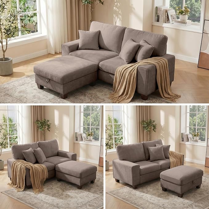 DOPEDIO L-Shaped Sectional Sofa with Storage Ottoman, Modern Chenille Recliner Loveseat, Removable Couch Covers, Pocket Spring Cushions, Solid Wood Frame, Easy to Install (88.58inch, Brown)