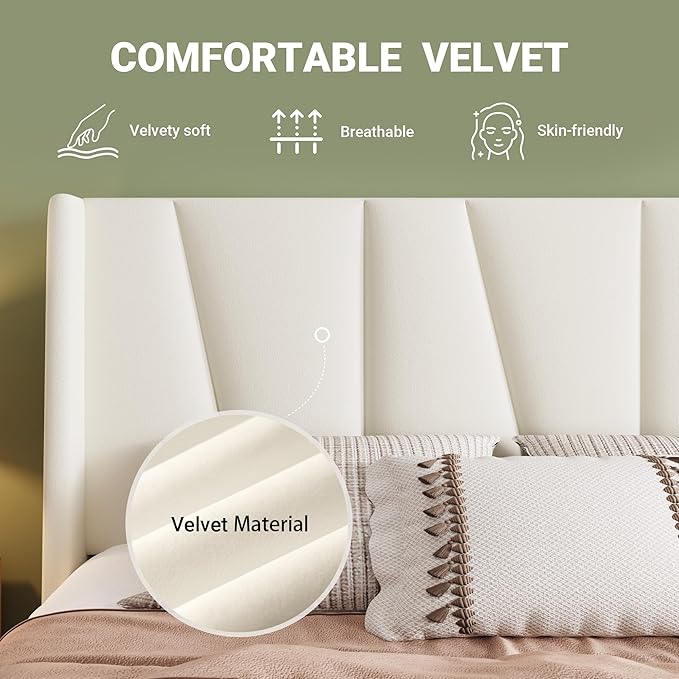 Allewie Queen Size Platform Velvet Bed Frame with Geometric Wingback Headboard, Boho Upholstered Bed with Wooden Slats Support, No Box Spring Needed, Easy Assembly, Cream