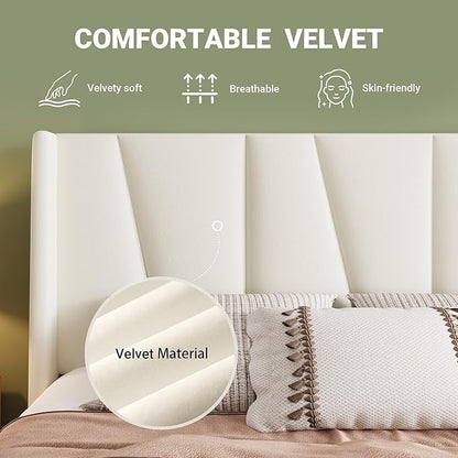 Allewie Queen Size Platform Velvet Bed Frame with Geometric Wingback Headboard, Boho Upholstered Bed with Wooden Slats Support, No Box Spring Needed, Easy Assembly, Cream