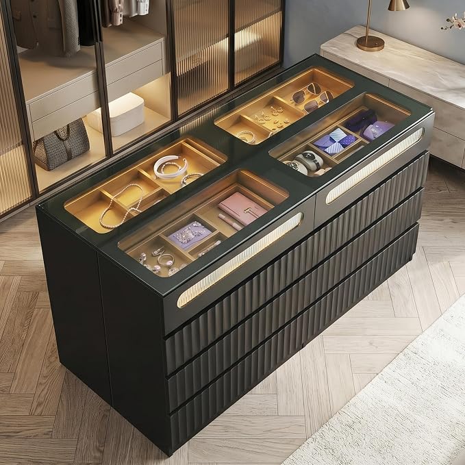 senlin Modern 16 Drawer Wardrobe Armoire with Glass Top LED Lights,Fluted Island Dresser Bedroom Closet Organizer System,Large Clothing Storage Cabinet with Jewelry Tray,Hidden Handles (Black)