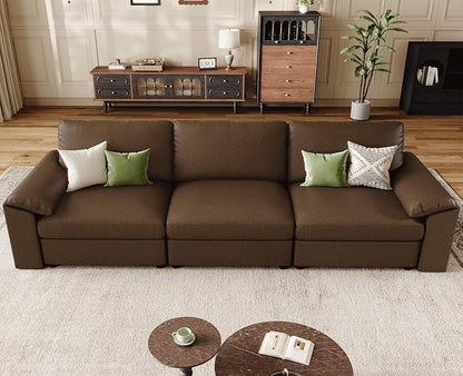EASE MOOSE 3 Seater Deep Seat Sectional Sofa,Scratch Resistant Faux Leather Material, Oversized Modular Couch,Classic Comfy Sofas for Small Spaces, Deep Brown