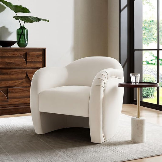 Modway Compose Barrel Chair with Performance Velvet Fabric in Alabaster – Upholstered Accent Armchair with Curved Backrest – Cozy Lounge Chair for Reading – Round Comfy Single Sofa Club Chair