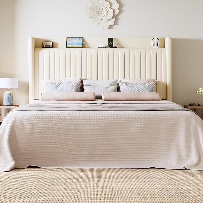 Allewie King Size Platform Bed Frame with USB Charging Station and Storage Shelf/Upholstered Velvet Wingback Headboard/Wooden Slats Support/No Box Spring Needed/Easy Assembly, Cream
