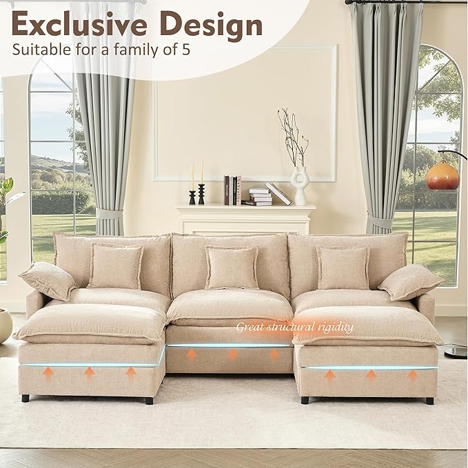GOSUHI 108" U-Shaped Modular Cloud Couch, Chenille Flat White | Cloud Comfort, Deep Seat, Couches for Living Room, Removable&Machine-Washable Covers, Movable Ottoman, Modular Sectional Sofa