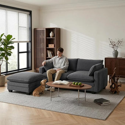 Gizoon 75'' Loveseat with Ottoman for Small Space L Shaped Cloud Coucher with Deep Seats, 2 Seater Love Seat Sofa with Washable Corduroy Cover for Living Room Bedroom, Gray