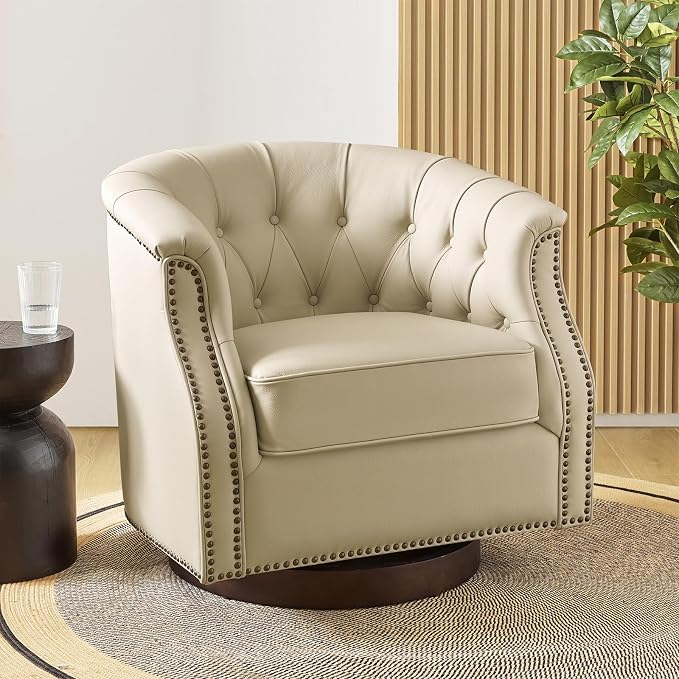 HULALA HOME Genuine Leather Swivel Accent Chair, Swivel Rocker Barrel Chair, Traditional Chesterfield Armchair with Button-Tufted Design, No Assembly Required, Beige