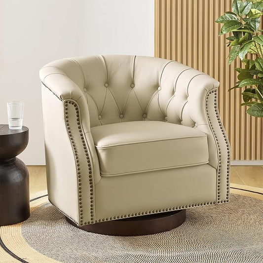HULALA HOME Genuine Leather Swivel Accent Chair, Swivel Rocker Barrel Chair, Traditional Chesterfield Armchair with Button-Tufted Design, No Assembly Required, Beige