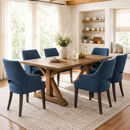 Linen Upholstered Dining Chairs Set of 6 with Arms | Blue linen fabric, breathable upholstery, curved backrest, cushioned seat, solid wood legs, farmhouse style for dining room