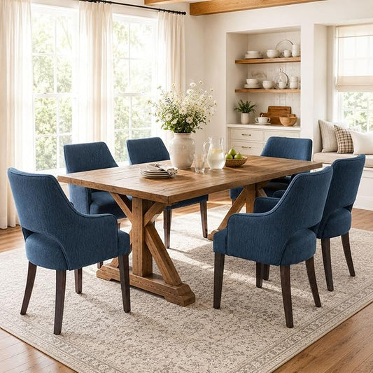 Linen Upholstered Dining Chairs Set of 6 with Arms | Blue linen fabric, breathable upholstery, curved backrest, cushioned seat, solid wood legs, farmhouse style for dining room