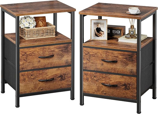 Huuger Night Stand Set 2, Nightstand with 2 Drawers, Bed Side Table with Open Shelf, Wooden Top, End Table, Fabric Drawer, for Bedroom, Rustic Brown
