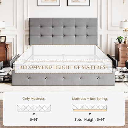 SHA CERLIN Upholstered Full Size Platform Bed Frame with 4 Storage Drawers, Adjustable Headboard with Square Stitched Button Tufted Design, Wooden Slat Support, No Box Spring Needed, Light Grey